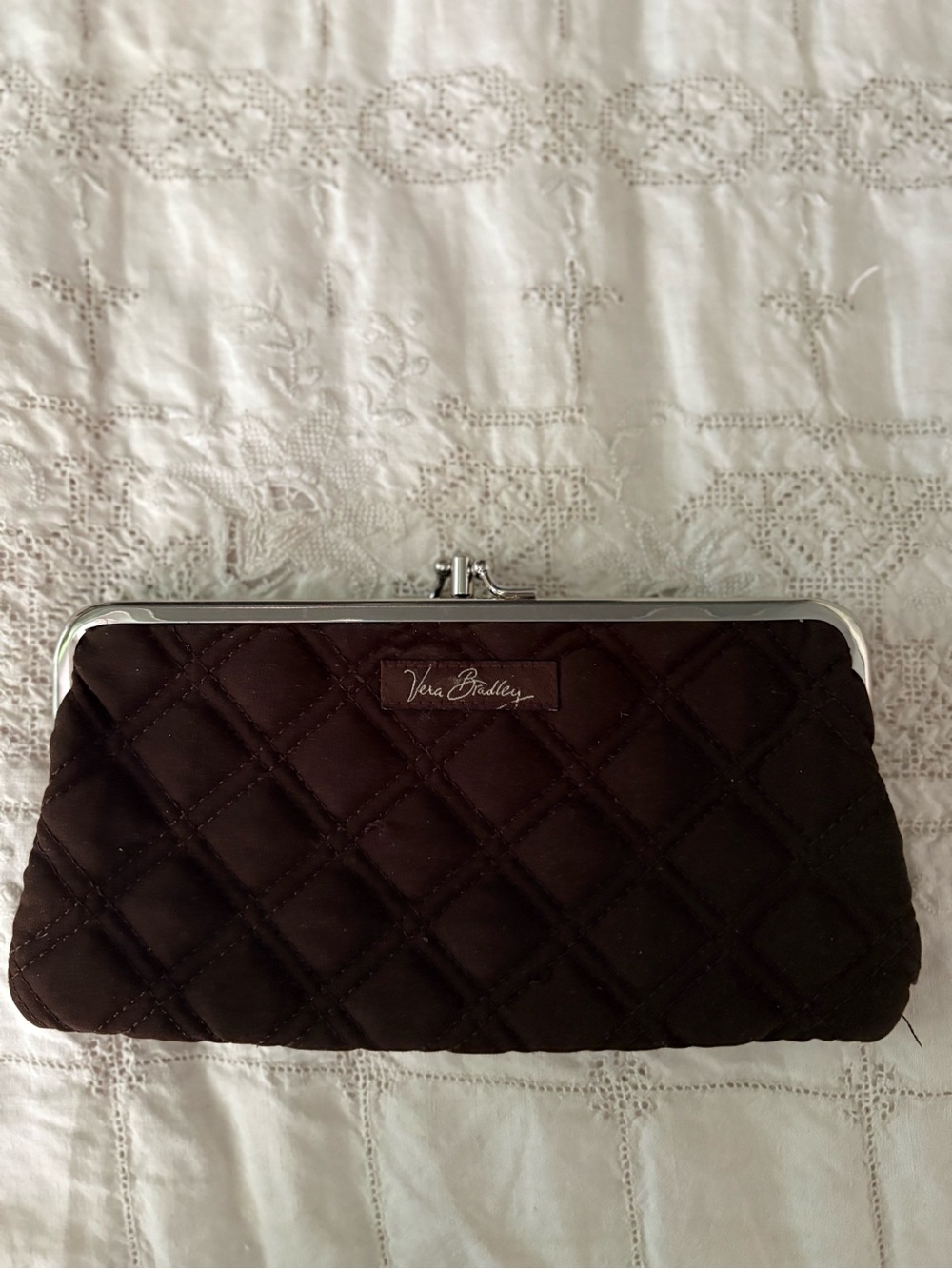 Vera Bradley Quilted Dark Brown Clutch with Silver Frame